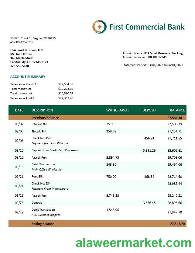 First Commercial Bank company statement Word and PDF template